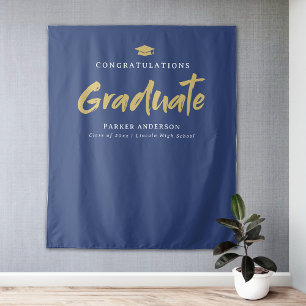 Blauw Goud Modern Brush Script Graduation Party Wandkleed
