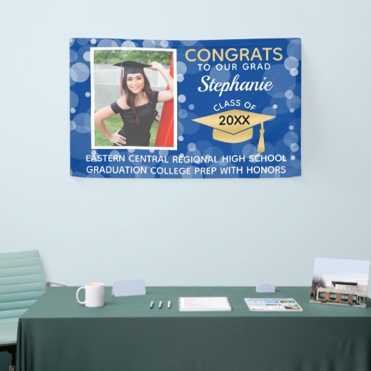 Blauw Goud Modern Bubbles Gefeliciteerd Foto Afstu Spandoek (Beurs)