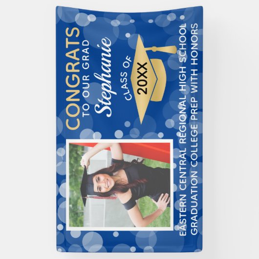 Blauw Goud Modern Bubbles Gefeliciteerd Foto Afstu Spandoek (Verticaal)