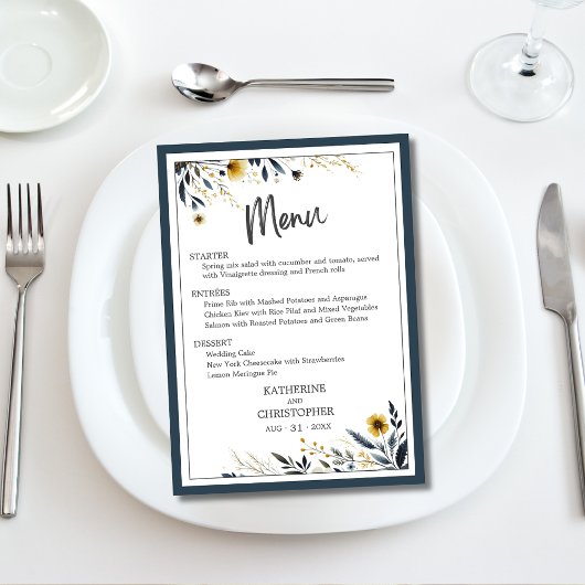 Blauw Goud Modern Elegant Bloemen Bruiloft Menu