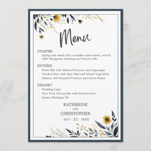 Blauw Goud Modern Elegant Bloemen Bruiloft Menu (Voorkant)