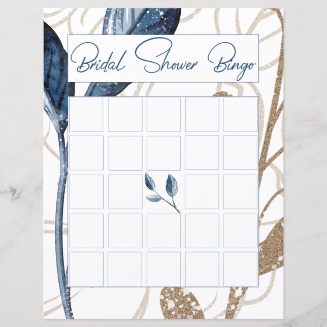 Blauw goud Modern Floral Elegant Bridal Bingo (Voorkant)