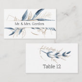 Blauw Goud Modern Floral Elegant Escort Kaart Plaatskaartje (Voorkant / Achterkant)