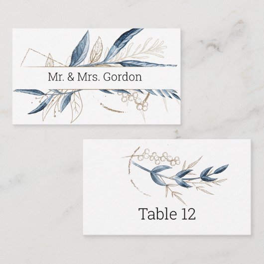 Blauw Goud Modern Floral Elegant Escort Kaart Plaatskaartje (Voorkant / Achterkant)