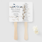 Blauw Goud Modern Floral Elegant Huwelijksprogramm Handwaaier (Voorkant en achterkant)