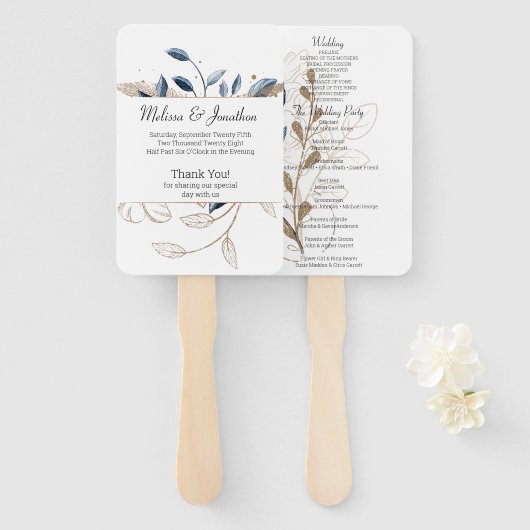 Blauw Goud Modern Floral Elegant Huwelijksprogramm Handwaaier (Voorkant en achterkant)