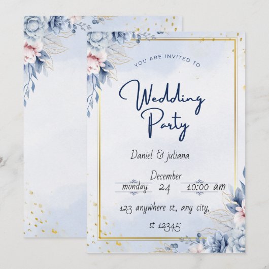 Blauw Goud Modern huwelijksfeest uitnodigingskaart Kaart (Voorkant / Achterkant)