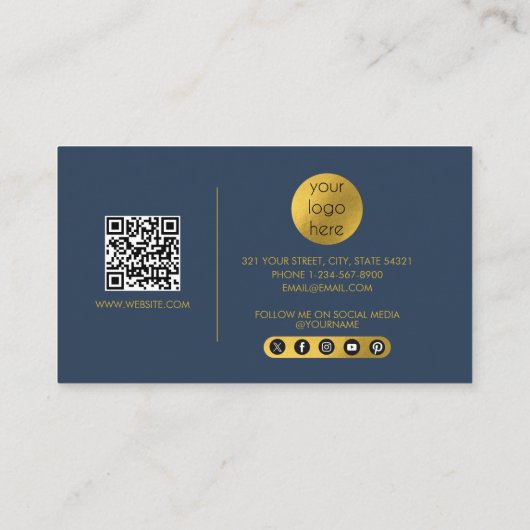 Blauw Goud Modern Script QR Code Social Media B Visitekaartje (Achterkant)