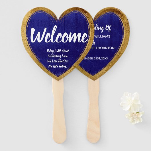 Blauw Goud Modern Stijlvol Bruiloft Welkom Handwaaier (Voorkant en achterkant)