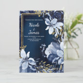 Blauw & Goud Modern Waterverf Bloemen Bruiloft Kaart (Staand voorkant)