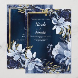 Blauw & Goud Modern Waterverf Bloemen Bruiloft Kaart