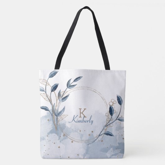 Blauw Goud Moderne Bloem Initialen Naam Monogram Tote Bag (Voorkant)
