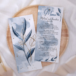Blauw Goud Moderne Bloemrijke Elegante Bruiloft Menu