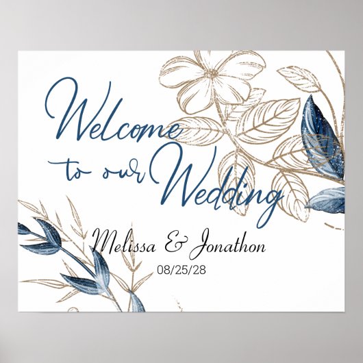 Blauw Goud Moderne Bloemrijke Elegante Trouw Poster (Voorkant)