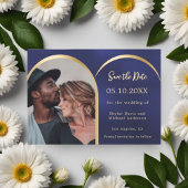 Blauw goud moderne foto boog bruiloft save the date