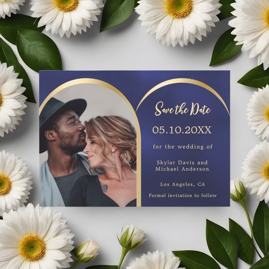 Blauw goud moderne foto boog bruiloft save the date