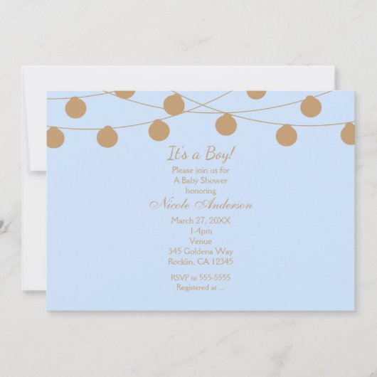 Blauw & Goud Moderne Slingerlichten Shower Uitnodi Kaart (Voorkant)