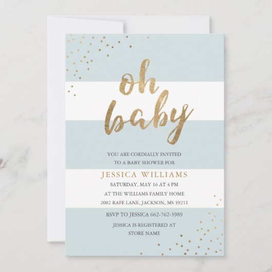 Blauw & Goud Moderne Strepen Oh Baby shower Invite Kaart (Voorkant)