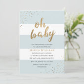 Blauw & Goud Moderne Strepen Oh Baby shower Invite Kaart (Staand voorkant)