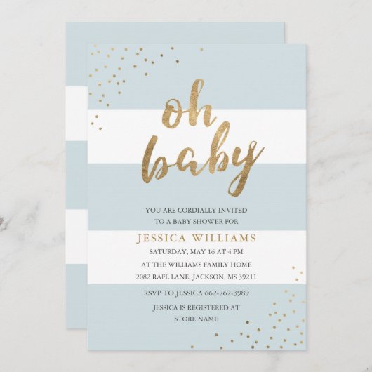 Blauw & Goud Moderne Strepen Oh Baby shower Invite Kaart (Voorkant / Achterkant)