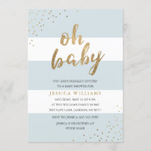 Blauw & Goud Moderne Strepen Oh Baby shower Invite