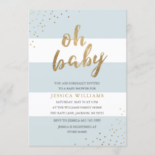 Blauw & Goud Moderne Strepen Oh Baby shower Invite Kaart