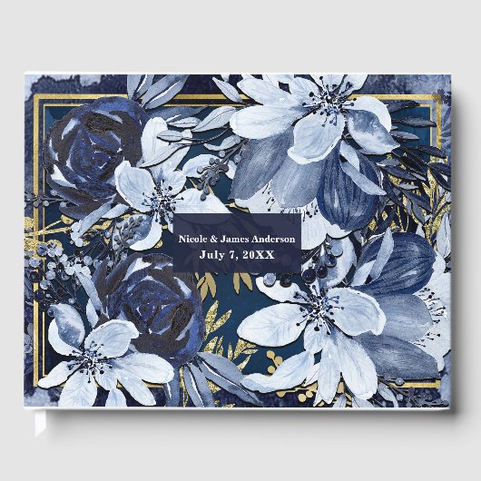 Blauw & Goud Moderne Waterverf Bloemen Bruiloft Gastenboek (Voorkant)