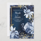 Blauw & Goud Moderne Waterverf Bloemen Bruiloft Kaart (Voorkant)