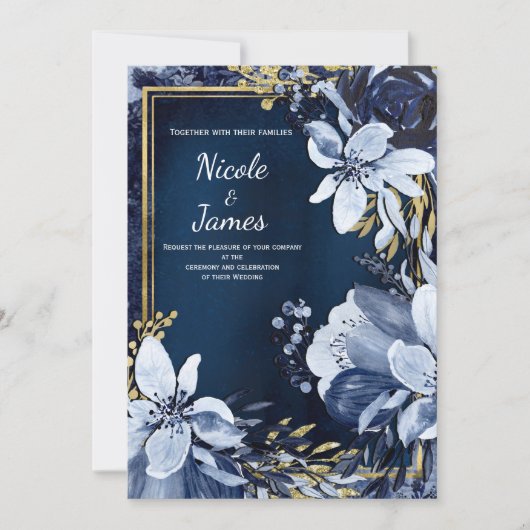 Blauw & Goud Moderne Waterverf Bloemen Bruiloft Kaart (Voorkant)