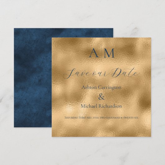 Blauw Goud Monogram Moderne Trouw Save The Date (Voorkant / Achterkant)