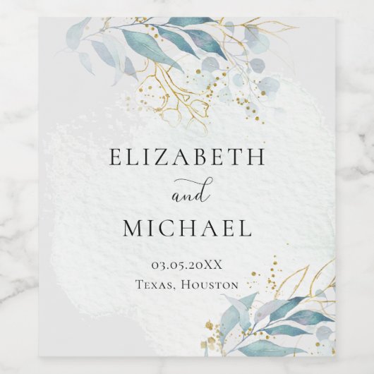 Blauw Goud (nabootsen) Aquarel Bruiloft Wijn Etiket (Enkel label)