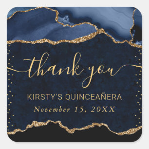 Blauw & Goud Nep Glitter Agate Marmeren Quinceaner Vierkante Sticker
