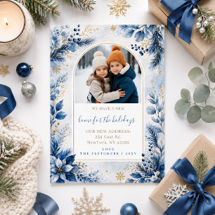Blauw Goud Nieuwe Thuis voor Vakantie Foto Verhuiz Feestdagenkaart