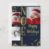 Blauw & Goud NOEL Kerst Splatter Foto Kaart (Voorkant)