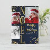 Blauw & Goud NOEL Kerst Splatter Foto Kaart (Staand voorkant)