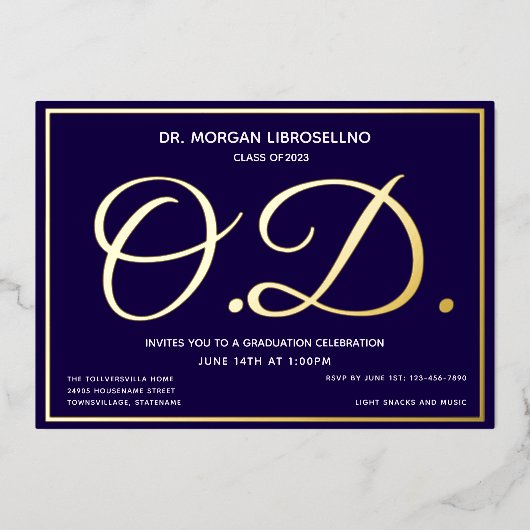 Blauw Goud OD Afstuderen Folie Uitnodiging (Voorkant)