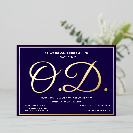 Blauw Goud OD Afstuderen Folie Uitnodiging (Staand Voorkant)