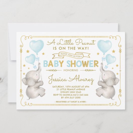 Blauw Goud Olifant Baby shower Jongen Oerwoud Uitn Kaart (Voorkant)