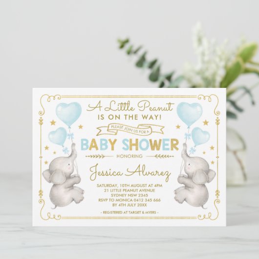 Blauw Goud Olifant Baby shower Jongen Oerwoud Uitn Kaart (Staand voorkant)