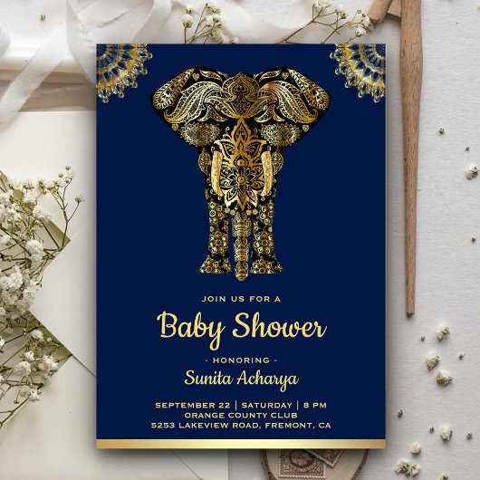 Blauw Goud Olifant Indisch Baby shower Kaart