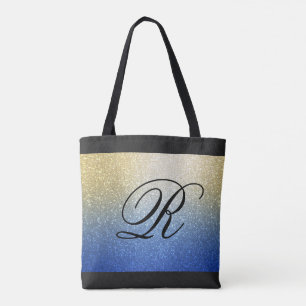 Blauw Goud Ombre Glitter Ontwerp met Monogram Tote Bag