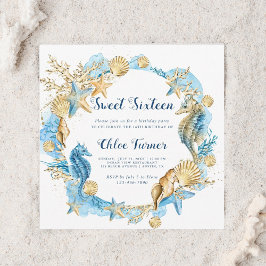 Blauw & Goud Onder het Zee Sweet Sixteen Verjaarda Kaart