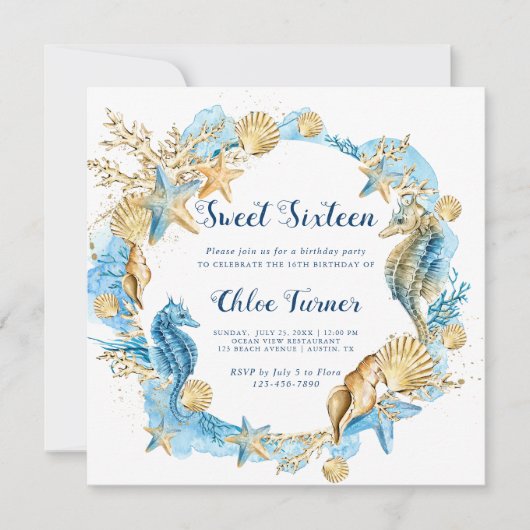 Blauw & Goud Onder het Zee Sweet Sixteen Verjaarda Kaart (Voorkant)