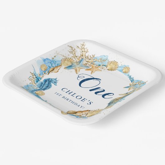 Blauw & Goud Onder het Zee Verjaardag Papieren Bordje (Gebogen)