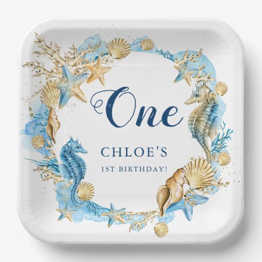 Blauw & Goud Onder het Zee Verjaardag Papieren Bordje (Voorkant)