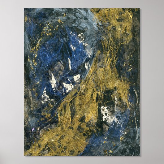 Blauw goud op zwarte Abstracte kunst Folie Afdrukken (Voorkant)