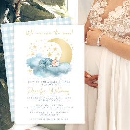 Blauw goud over de maan baby jongen douche uitnodi kaart