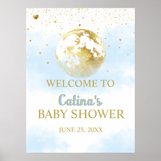 Blauw Goud Over de Maan Baby shower Welkomstbord Poster (Voorkant)