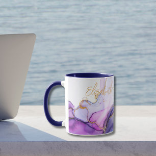 Blauw Goud Paarse Waterverf Monogram Naam Cadeau V Mok