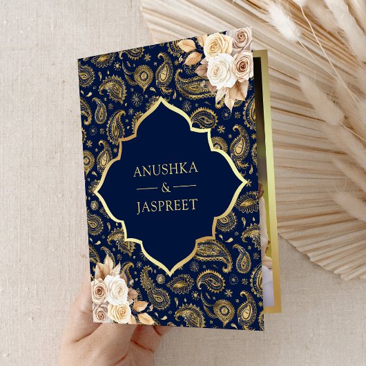 Blauw Goud Paisley Bloemen QR Code Indiase bruilof